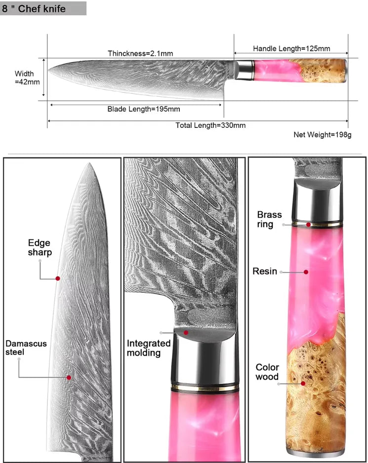 DAMASCUS STEEL CHEF KNIFE WITH WOOD & RESIN HANDLE