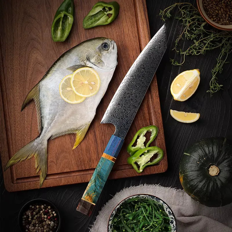 DAMASCUS STEEL KIRITSUKE CHEF KNIFE WITH SOLID WOOD HANDLE
