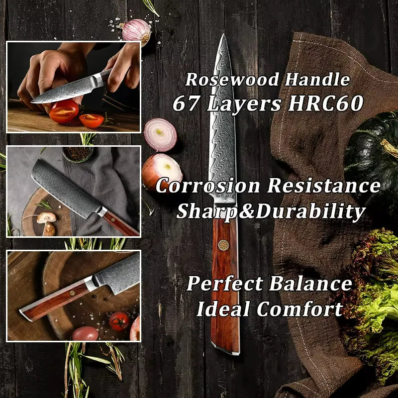 7 PIECE DAMASCUS STEEL KITCHEN KNIFE WITH AFRICA ROSEWOOD HANDLE
