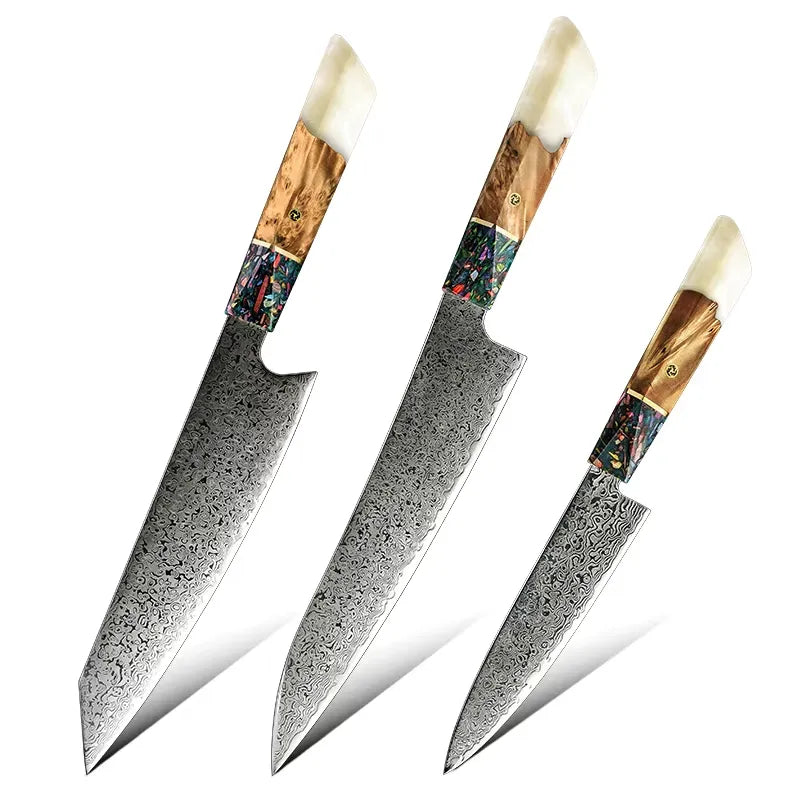 3 PIECE SET DAMASCUS STEEL KNIVES WITH RESIN & SOLID WOOD HANDLE