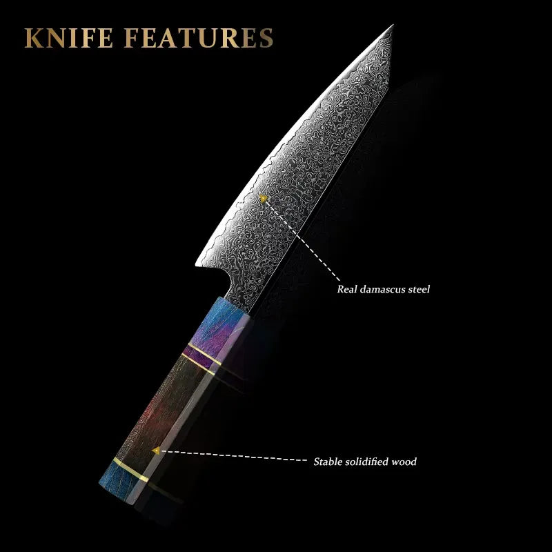 DAMASCUS STEEL KIRITSUKE CHEF KNIFE WITH SOLID WOOD HANDLE