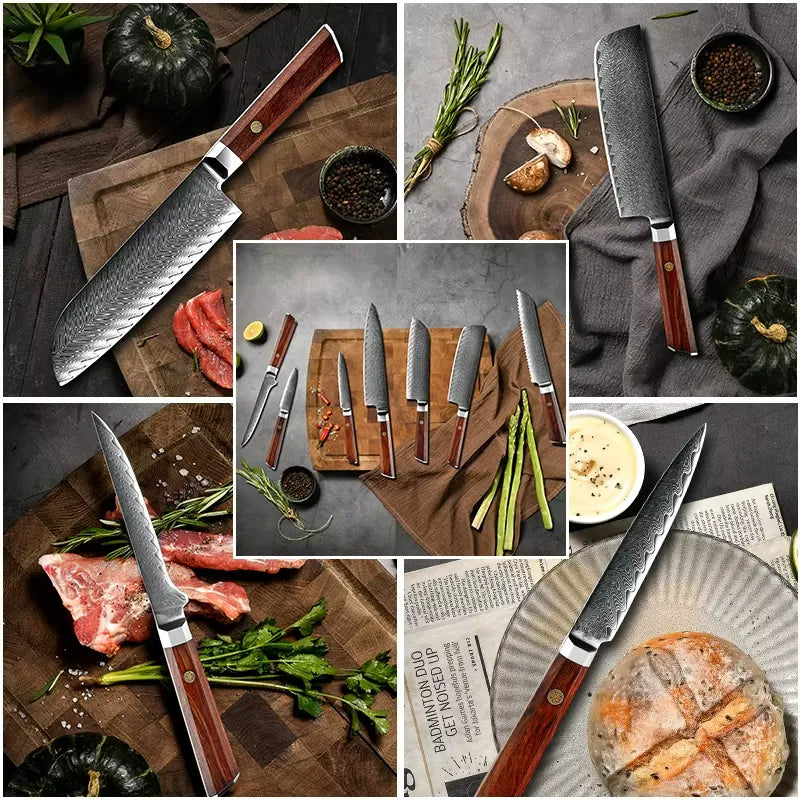 7 PIECE DAMASCUS STEEL KITCHEN KNIFE WITH AFRICA ROSEWOOD HANDLE