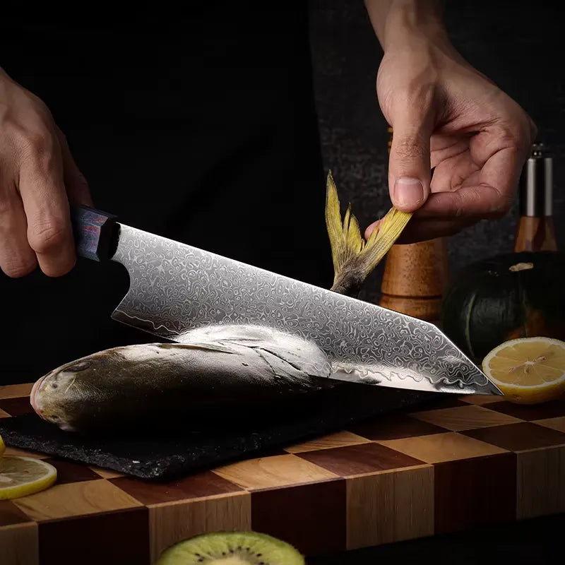 DAMASCUS STEEL KIRITSUKE CHEF KNIFE WITH SOLID WOOD HANDLE