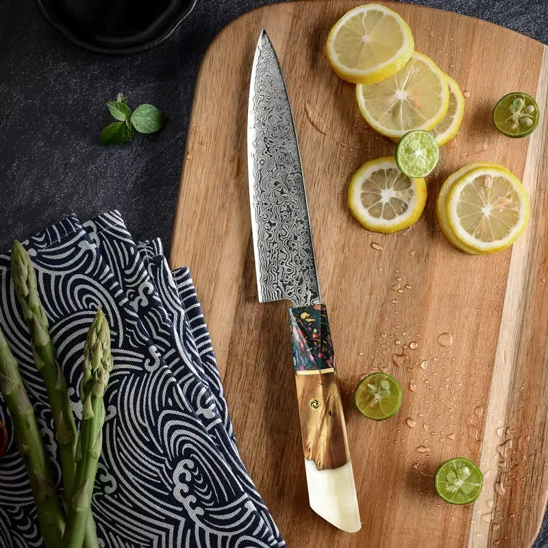 3 PIECE SET DAMASCUS STEEL KNIVES WITH RESIN & SOLID WOOD HANDLE