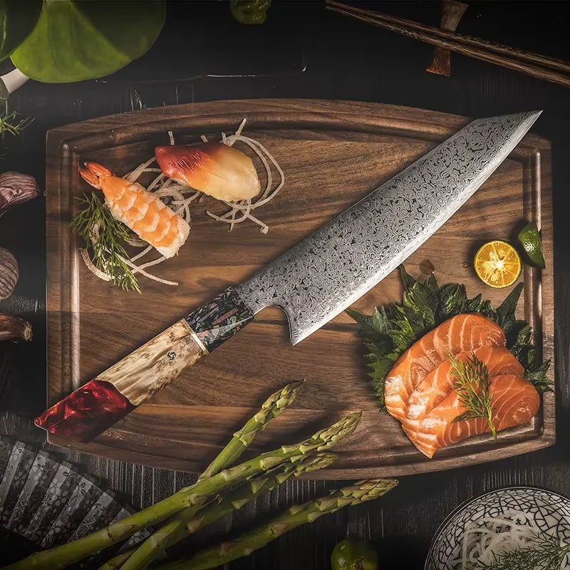 DAMASCUS STEEL KIRITSUKE CHEF KNIFE WITH WOOD & RESIN HANDLE