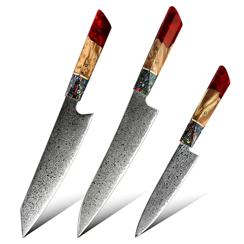 3 PIECE SET DAMASCUS STEEL KNIVES WITH RESIN & SOLID WOOD HANDLE