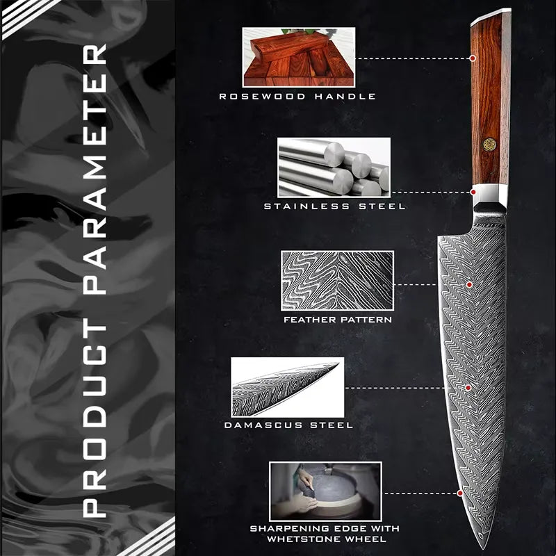 7 PIECE DAMASCUS STEEL KITCHEN KNIFE WITH AFRICA ROSEWOOD HANDLE