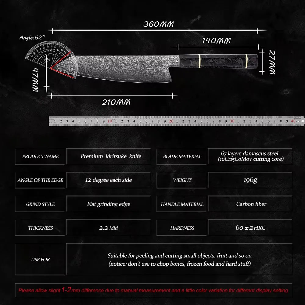 DAMASCUS STEEL KIRITSUKE CHEF KNIFE WITH CARBON FIBER HANDLE