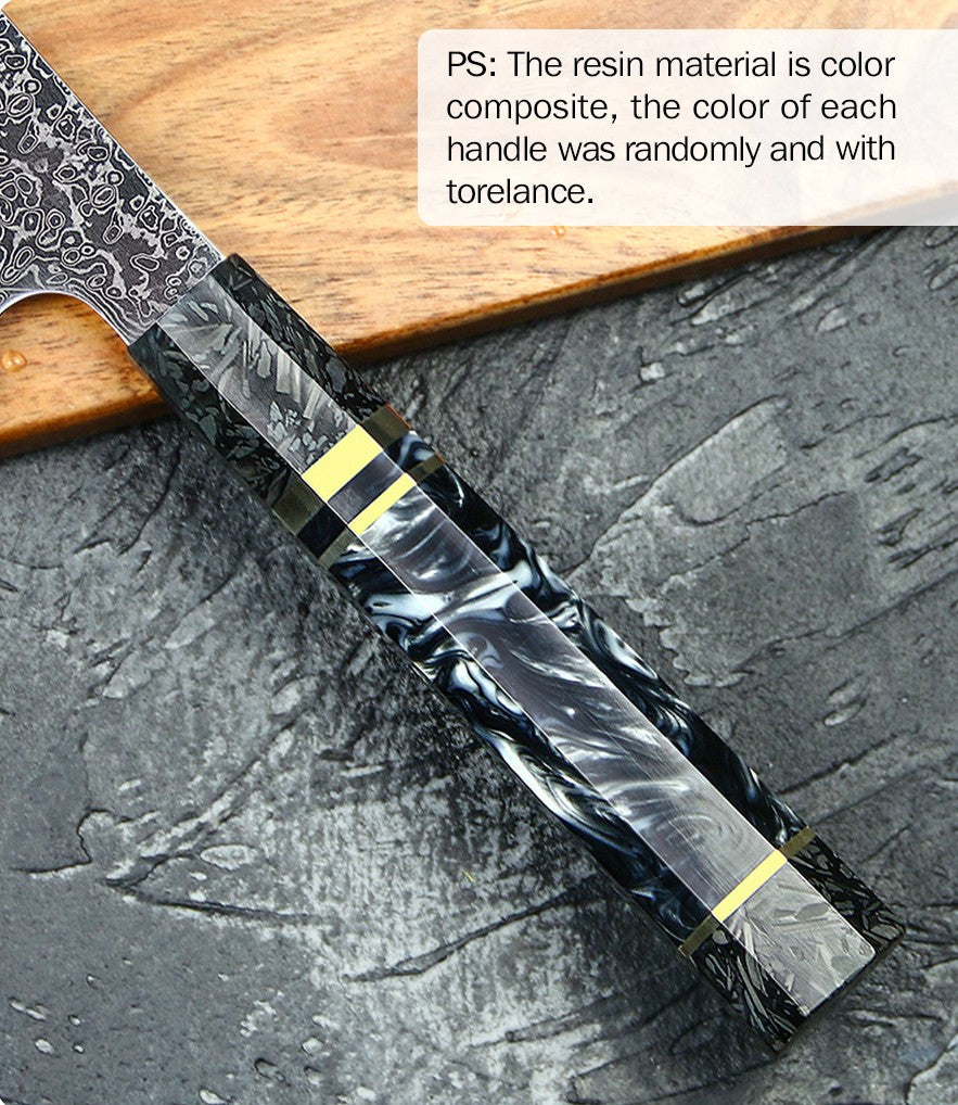 DAMASCUS STEEL KIRITSUKE CHEF KNIFE WITH CARBON FIBER & RESIN HANDLE