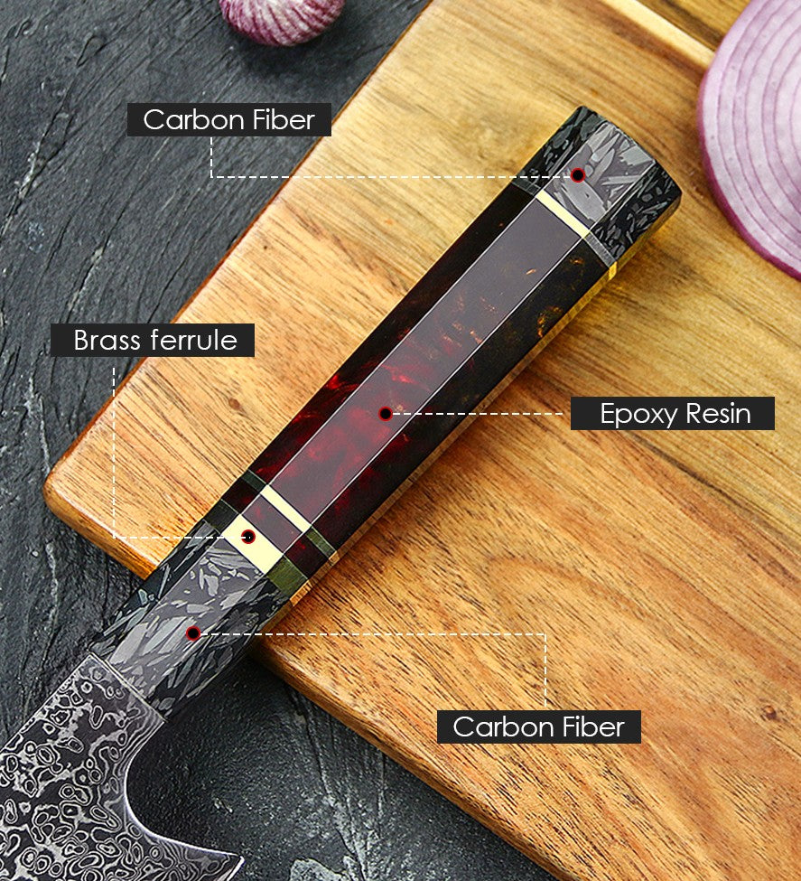 DAMASCUS STEEL KIRITSUKE CHEF KNIFE WITH CARBON FIBER & RESIN HANDLE