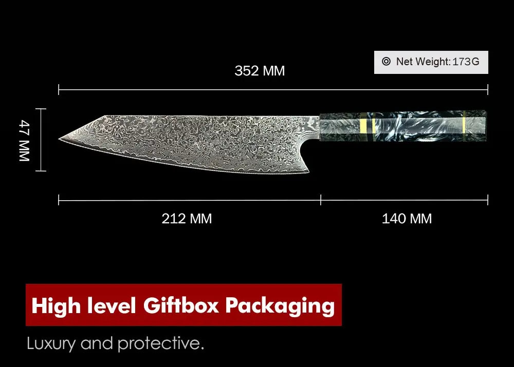 DAMASCUS STEEL KIRITSUKE CHEF KNIFE WITH CARBON FIBER & RESIN HANDLE
