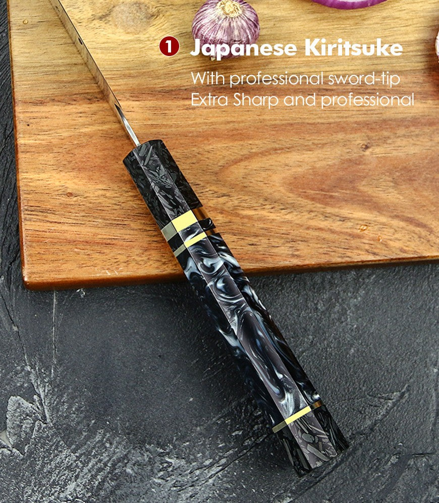 DAMASCUS STEEL KIRITSUKE CHEF KNIFE WITH CARBON FIBER & RESIN HANDLE