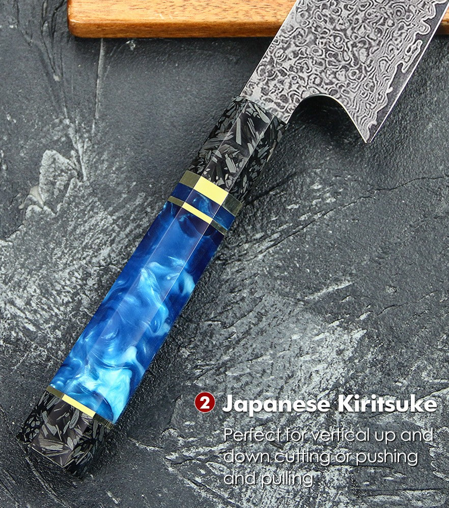 DAMASCUS STEEL KIRITSUKE CHEF KNIFE WITH CARBON FIBER & RESIN HANDLE