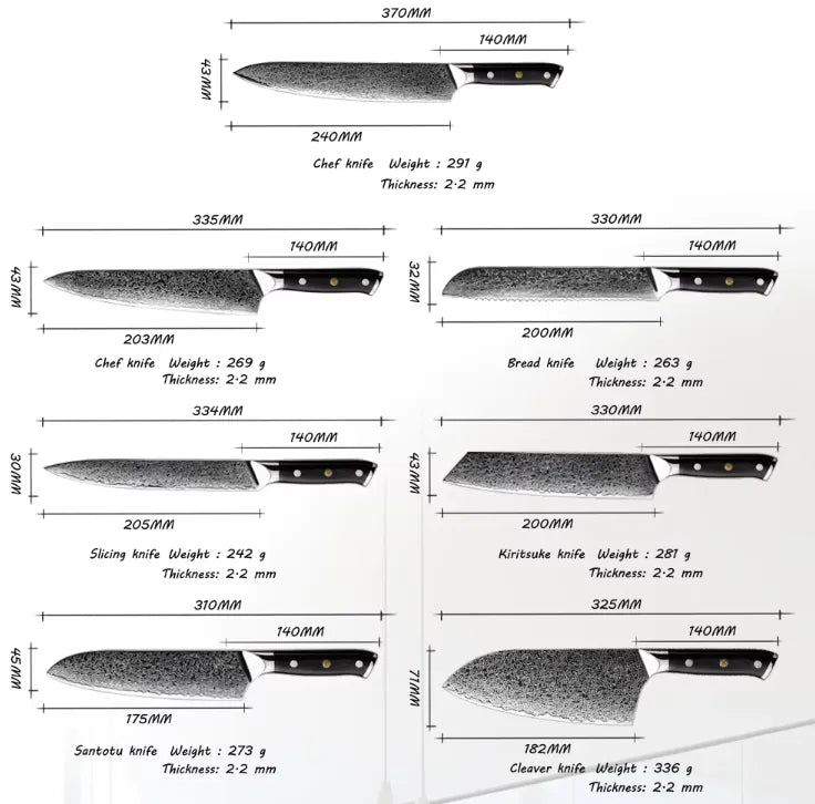 13 PIECE SET DAMASCUS STEEL KNIVES WITH G-10 HANDLE