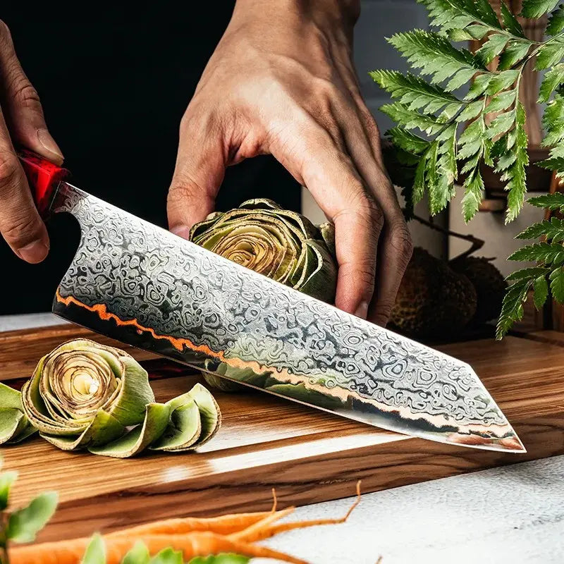 DAMASCUS STEEL KIRITSUKE CHEF KNIFE WITH RED CARBON FIBER HANDLE