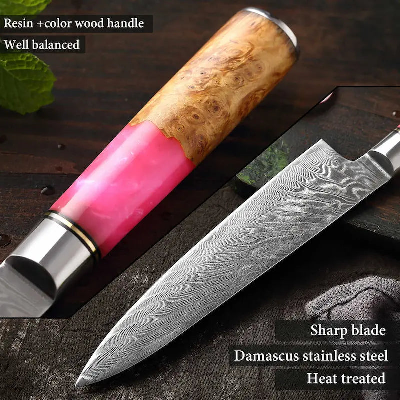 DAMASCUS STEEL CHEF KNIFE WITH WOOD & RESIN HANDLE