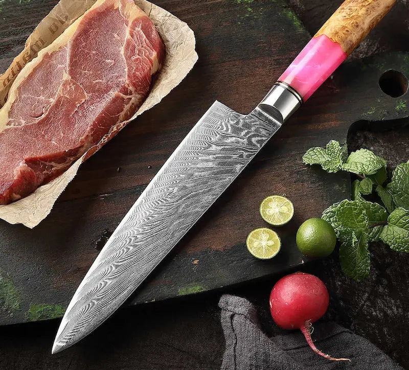 DAMASCUS STEEL CHEF KNIFE WITH WOOD & RESIN HANDLE