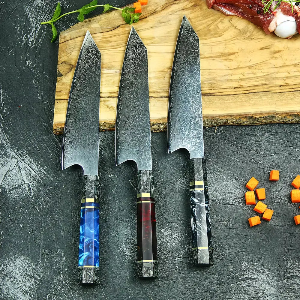 DAMASCUS STEEL KIRITSUKE CHEF KNIFE WITH CARBON FIBER & RESIN HANDLE