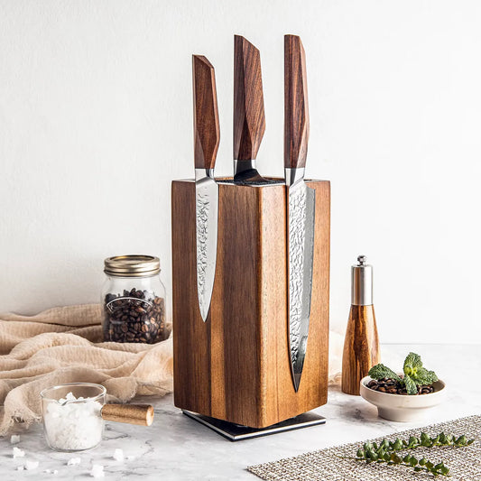 NATURAL ACACIA WOOD 360 DEGREE ROTATABLE MAGNETIC KNIFE BLOCKS