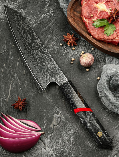 DAMASCUS STEEL KIRITSUKE CHEF KNIFE WITH HONEY COMB RESIN HANDLE