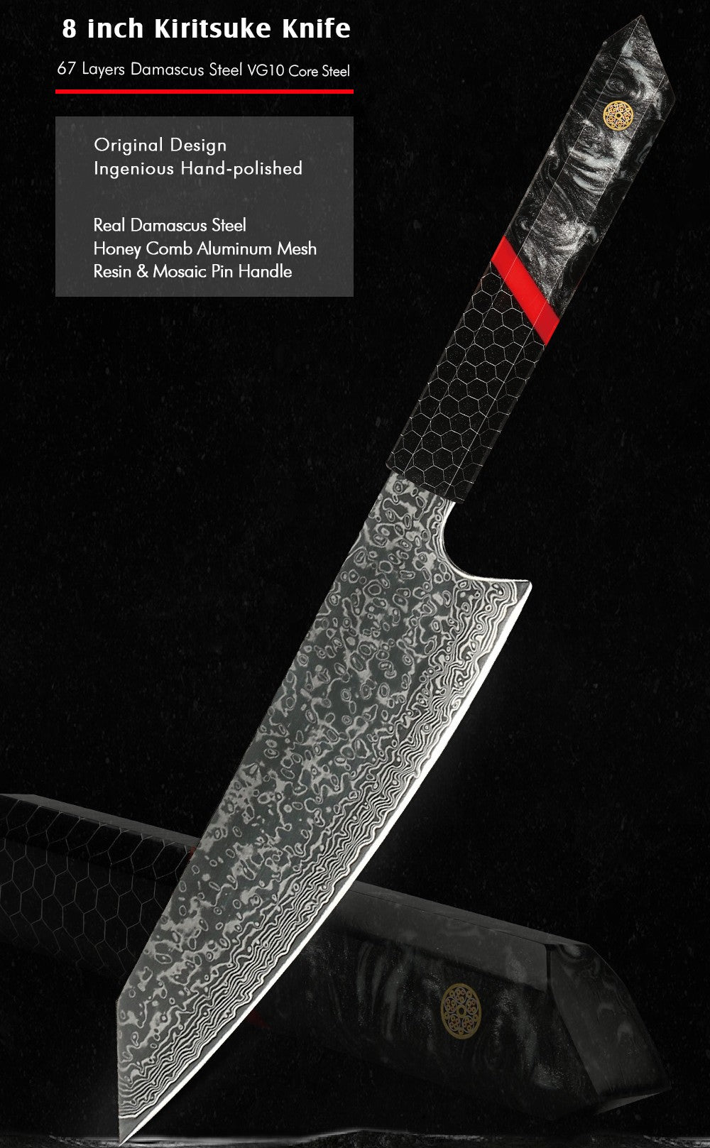 DAMASCUS STEEL KIRITSUKE CHEF KNIFE WITH HONEY COMB RESIN HANDLE