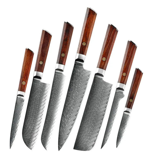 7 PIECE DAMASCUS STEEL KITCHEN KNIFE WITH AFRICA ROSEWOOD HANDLE