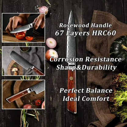 7 PIECE DAMASCUS STEEL KITCHEN KNIFE WITH AFRICA ROSEWOOD HANDLE