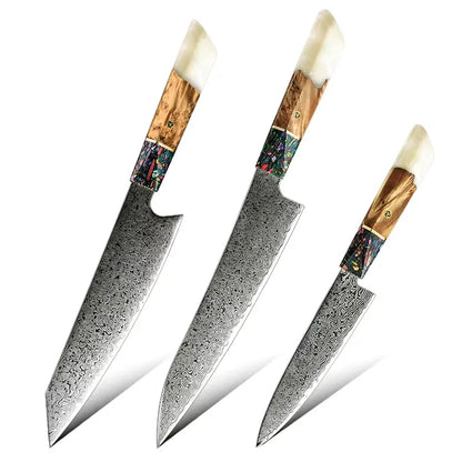 3 PIECE SET DAMASCUS STEEL KNIVES WITH RESIN & SOLID WOOD HANDLE