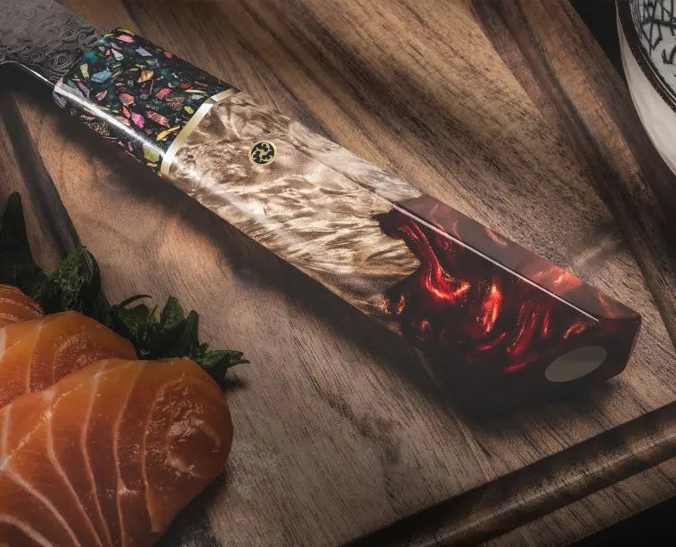 3 PIECE SET DAMASCUS STEEL KNIVES WITH RESIN & SOLID WOOD HANDLE