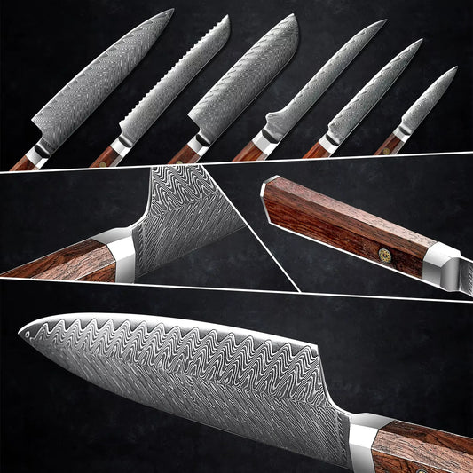 7 PIECE DAMASCUS STEEL KITCHEN KNIFE WITH AFRICA ROSEWOOD HANDLE