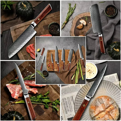 7 PIECE DAMASCUS STEEL KITCHEN KNIFE WITH AFRICA ROSEWOOD HANDLE