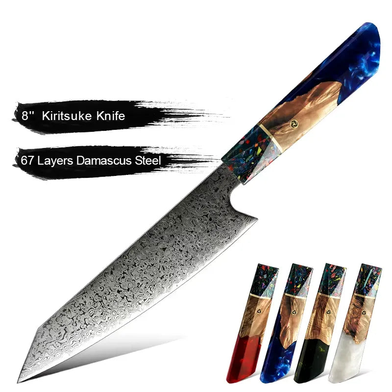 DAMASCUS STEEL KIRITSUKE CHEF KNIFE WITH WOOD & RESIN HANDLE
