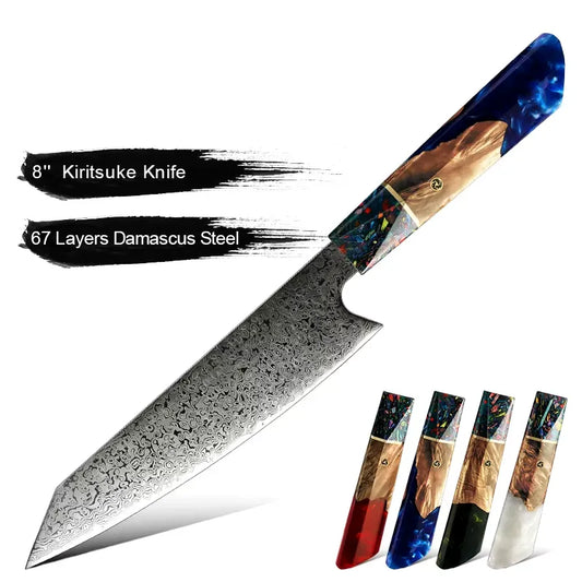 DAMASCUS STEEL KIRITSUKE CHEF KNIFE WITH WOOD & RESIN HANDLE