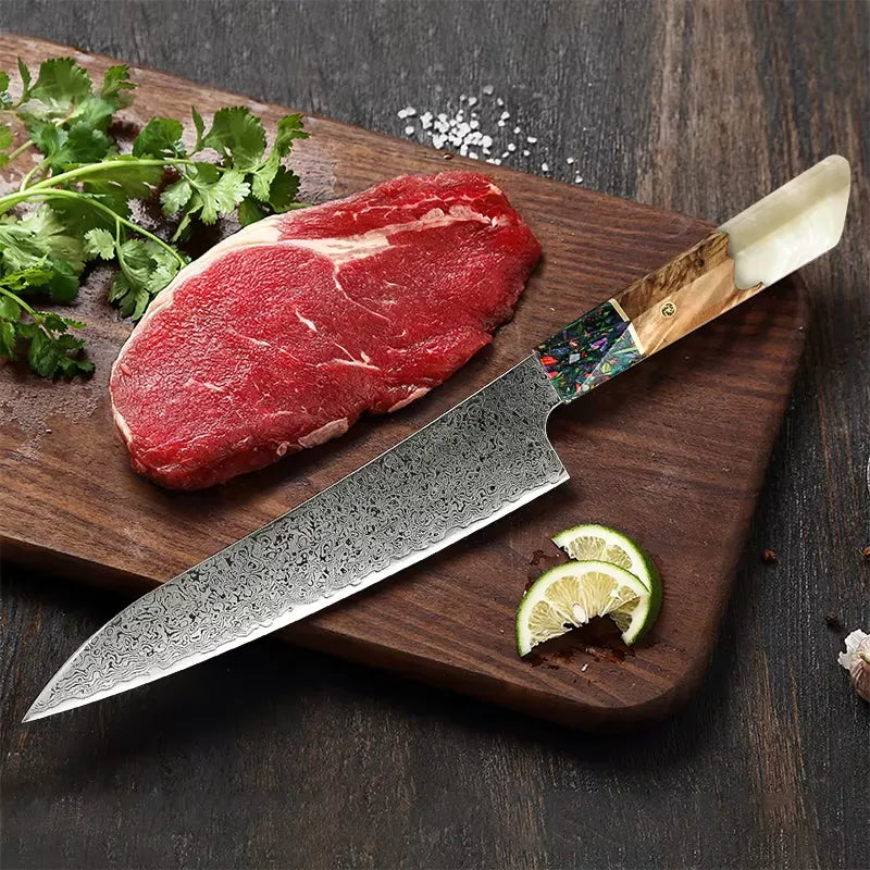3 PIECE SET DAMASCUS STEEL KNIVES WITH RESIN & SOLID WOOD HANDLE