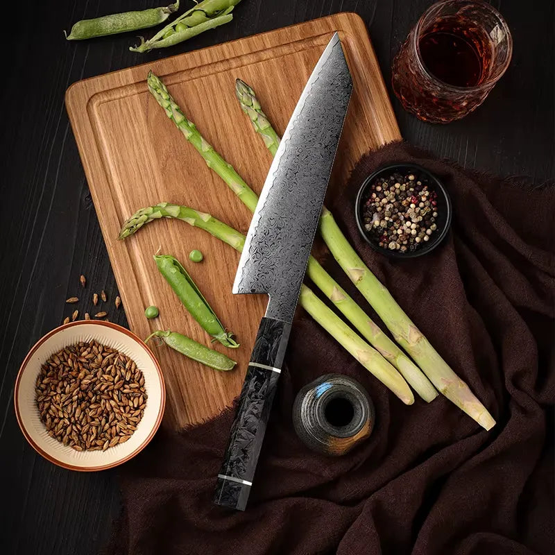 DAMASCUS STEEL KIRITSUKE CHEF KNIFE WITH CARBON FIBER HANDLE