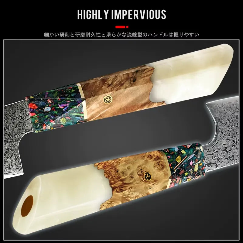 3 PIECE SET DAMASCUS STEEL KNIVES WITH RESIN & SOLID WOOD HANDLE