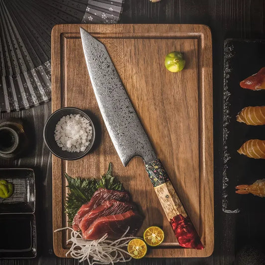 DAMASCUS STEEL KIRITSUKE CHEF KNIFE WITH WOOD & RESIN HANDLE