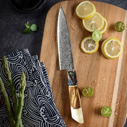 3 PIECE SET DAMASCUS STEEL KNIVES WITH RESIN & SOLID WOOD HANDLE