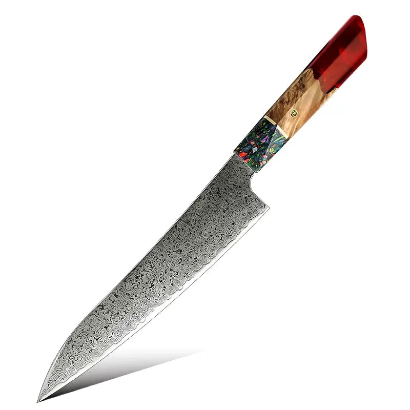 3 PIECE SET DAMASCUS STEEL KNIVES WITH RESIN & SOLID WOOD HANDLE