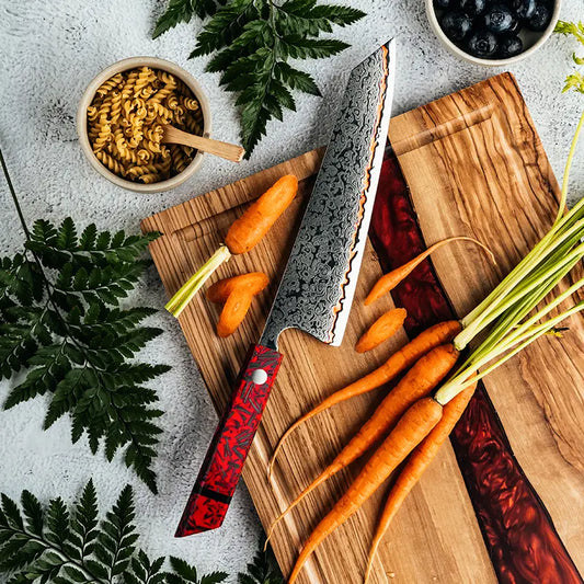 DAMASCUS STEEL KIRITSUKE CHEF KNIFE WITH RED CARBON FIBER HANDLE
