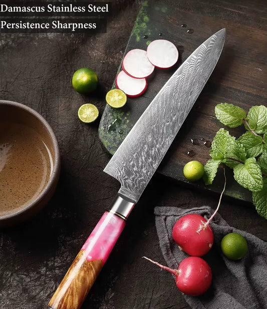 DAMASCUS STEEL CHEF KNIFE WITH WOOD & RESIN HANDLE
