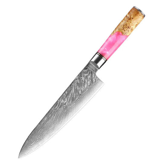 DAMASCUS STEEL CHEF KNIFE WITH WOOD & RESIN HANDLE
