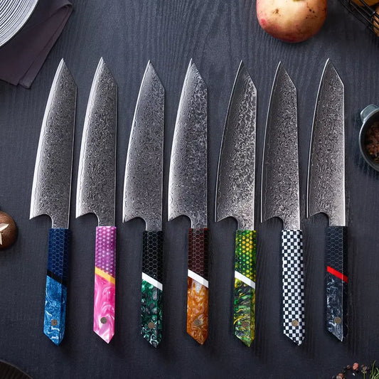 DAMASCUS STEEL KIRITSUKE CHEF KNIFE WITH HONEY COMB RESIN HANDLE