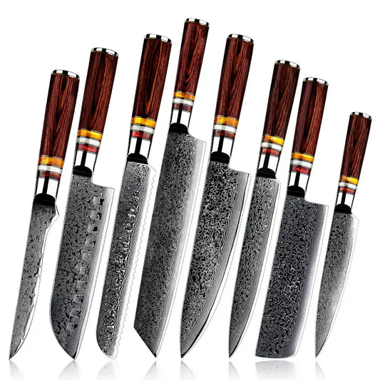 8 PIECES DAMASCUS STEEL CHEF'S KNIFE SET PAKKA WOOD HANDLE