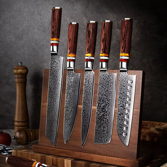 8 PIECES DAMASCUS STEEL CHEF'S KNIFE SET PAKKA WOOD HANDLE