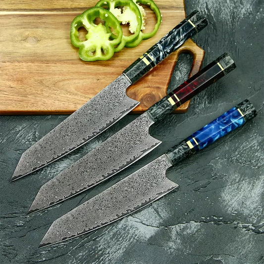DAMASCUS STEEL KIRITSUKE CHEF KNIFE WITH CARBON FIBER & RESIN HANDLE