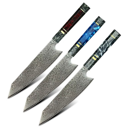 DAMASCUS STEEL KIRITSUKE CHEF KNIFE WITH CARBON FIBER & RESIN HANDLE